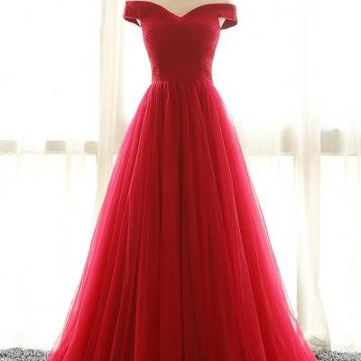 Full Length Off Shoulder Sleeves Red Bridesmaid Dresses, Tulle Prom Dress, Long Prom Dress, Woman Evening Dress, Long Formal Dresses, Cheap Prom Dress