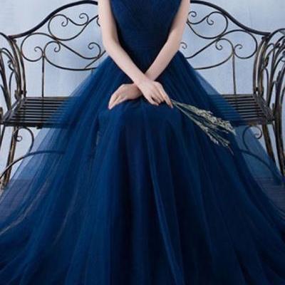 Dark Blue Tulle Organza off-shoulder A-line Long Prom Dresses, Tulle Prom Dress, Long Prom Dress, Evening Dress for Graduation