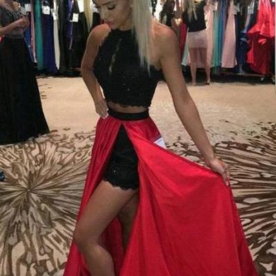Black Red Two Piece Shorts Prom Dress, Pageant Dresses, High Neck Prom Dress, Lace Prom Dress, Two Pieces Prom Dress, Senior Prom Dress, Homecoming Dress, Prom Dress for Teens
