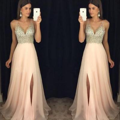 New Arrival Prom Dress,Modest Prom Dress, Sparkly Crystal Beaded V Neck Open Back Long Chiffon Prom Dresses 2017, Pageant Evening Gowns with Leg Slit