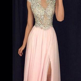 Beautiful A-line Sparkly Pink Chiffon Prom Dress with Side Slit, Beading Prom Dress, Long Prom Dress, Modest Prom Dress, Cap Sleeves Prom Gown, Senior Prom Dress