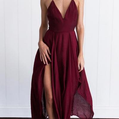 Cross Back Wine Red Assymetrical hem Long Dress, Sexy Backless Prom Dress, Fashion Party Dress, Slit Prom Dress, Prom Evening Dress, Prom Dress 2017