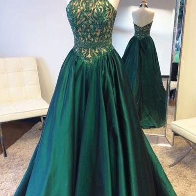 Elegant Halter Sweep Train Hunter Prom Dress with Lace Beading, Emerald Green Prom Dress, Prom Party Dress, Long Prom Dress