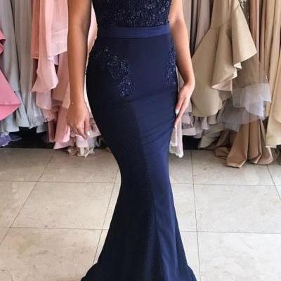 Navy Blue Long Prom Dress, Strapless Mermaid Appliques, Long Prom Dress, 2017 Prom Dress, Navy Blue Prom Dress, Mermaid Prom Dress, Woman Evening Dress