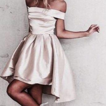 Cute Champagne Off the Shoulder Short Sleeves Pleats High Low Prom Dress, Short Prom Dress, Short Homecoming Dress, Short Evening Dress, Party Dress
