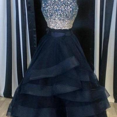 Popular Two Pieces Beaded Tulle Prom Dress, Ball Gowns, Navy Blue Prom Dress, Two Piece Prom Dresses, Luxury Beaded Prom Dress, Senior Prom Dress, Pegeant Prom Dress
