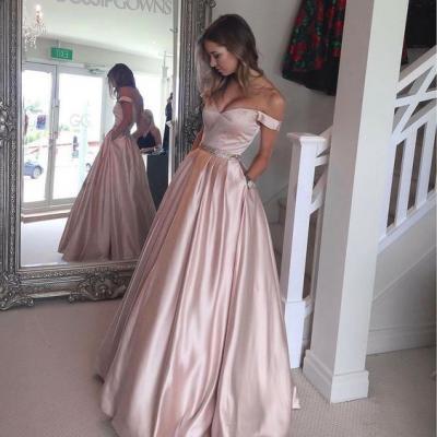 Pearl Pink Prom Dress, Off the Shoulder Prom Dress, Satin Prom Dress, Prom Dress 2017, A-line Long Prom Gown, Teens Party Dress, Long Evening Dress, Senior Prom Dress
