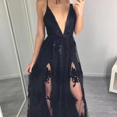 Lace Appliques Prom Dress, 2017 Sexy Prom Dress,Black V Neck Prom Dresses,Sleeveless Tulle and Lace Prom Dresses, Lace Evening Dress, Sexy Prom Party Dress