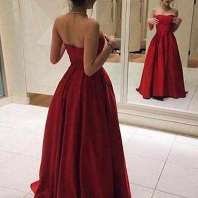 Red Long Prom Dresses, Elegant Red Satin Prom Dress, Ball Gown, Simple Prom Dress, Sweetheart Dress for Prom 2017