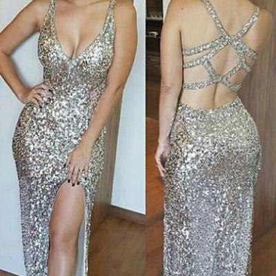 Luxurious Mermaid Long Prom Dress with Side Slit Evening Dress, Deep V-Neck Open Back Split Floor Length Beading Prom Dress, Silver Sequins Prom Dresses, Sexy Backless Prom Dress