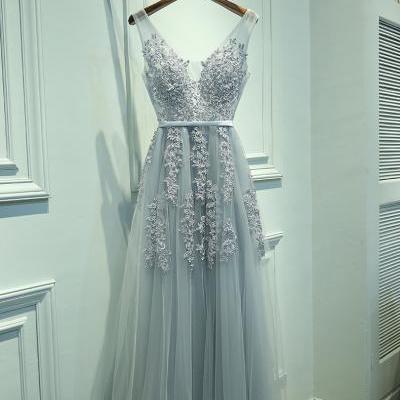 Blush A-Line V-Neck Sleeveless Gray Long Prom Dress with Lace, Lace Formal Dress, Woman Evening Dress, Charming Prom Dress, Long Tulle Prom Dress
