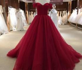 Sexy Off Shoulder Burgundy Tulle Ball Gown Prom Dress Evening Dresses ...