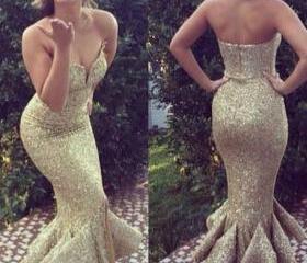 Modern & Sexy Sweetheart Gold Sequin Mermaid Prom Dresses, Evening ...