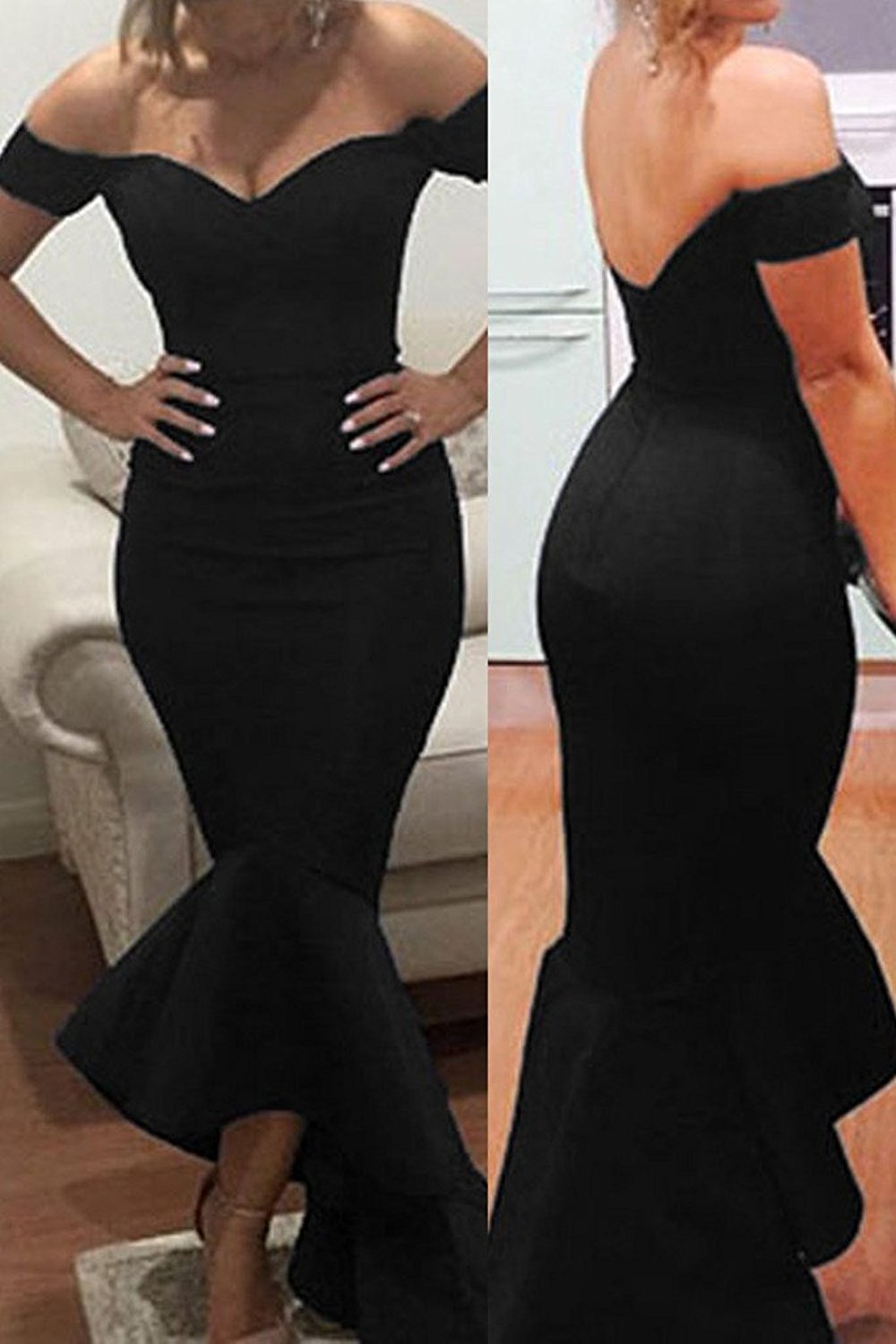 black off shoulder evening gown