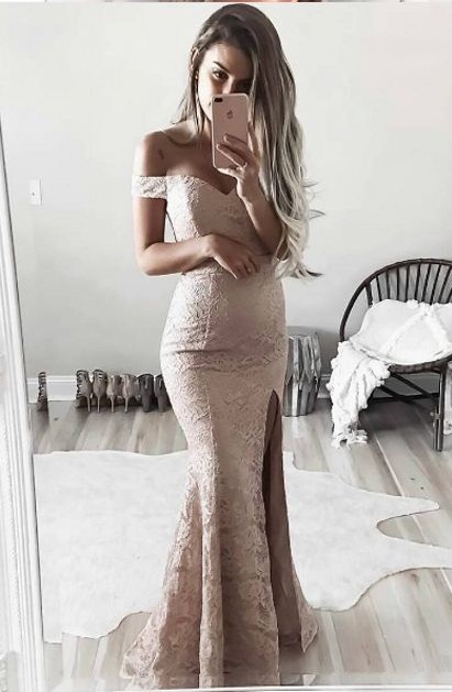 Mermaid Off Shoulder Sleeves Blush Lace 