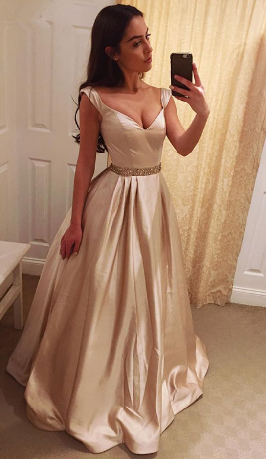 satin champagne prom dress