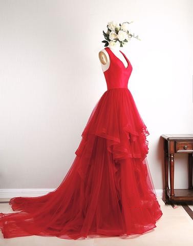 Red V Neck Tulle Long Prom Dress, Red Formal Dress, Gorgeous Prom