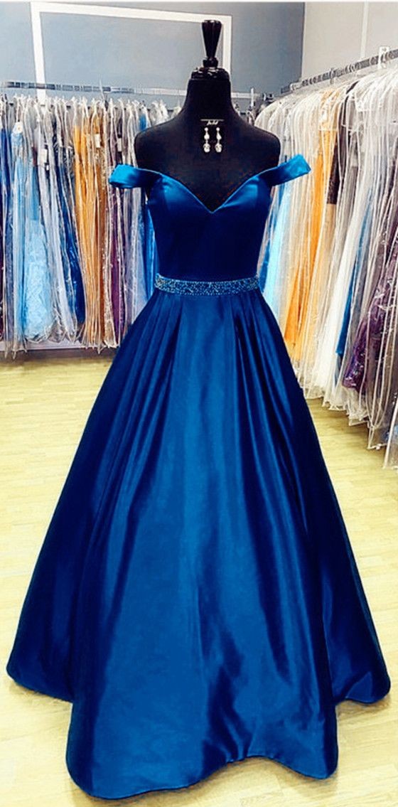 Off The Shoulder Long Satin Prom Dresses V Neck Floor Length