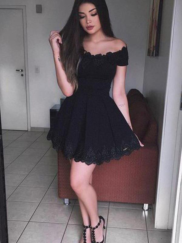 Chic Black Satin and Lace Homecoming Dress Sexy Little Black Dress Short Prom Dress Party Dress