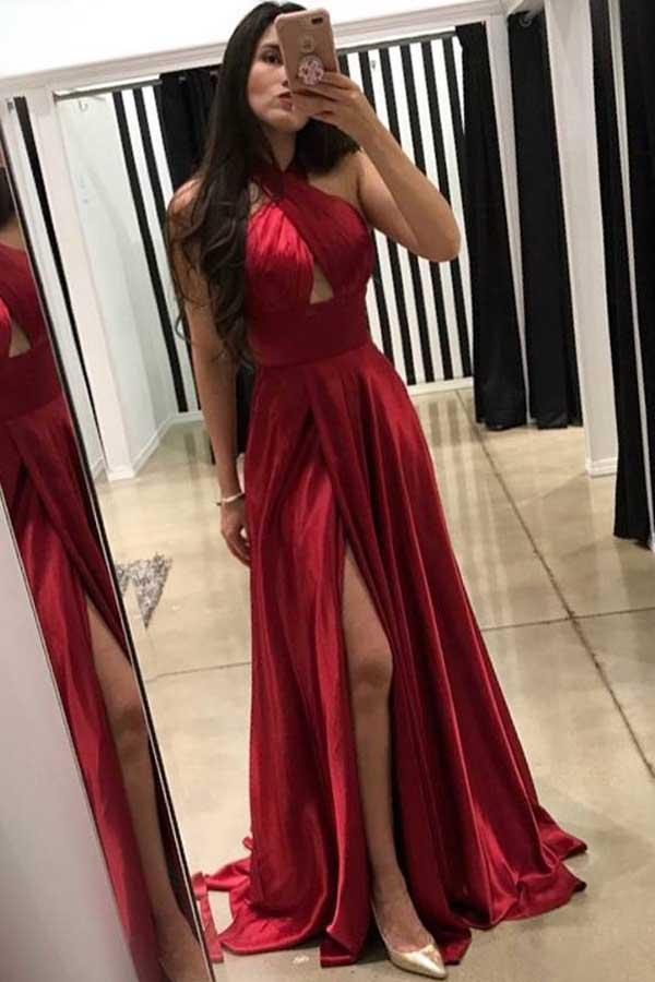 Sexy Split A Line Dark Red Prom Dress With Cross Neck Floor Length