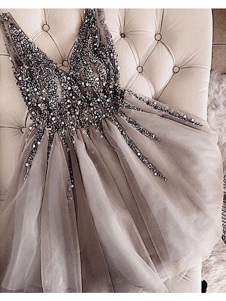 Charming V Neck A Line Grey Tulle Short Homecoming Dresses Beaded, Cute Short Prom Dresses