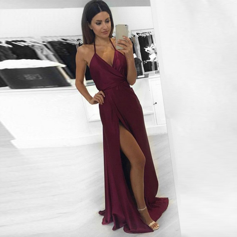 maroon satin prom dress