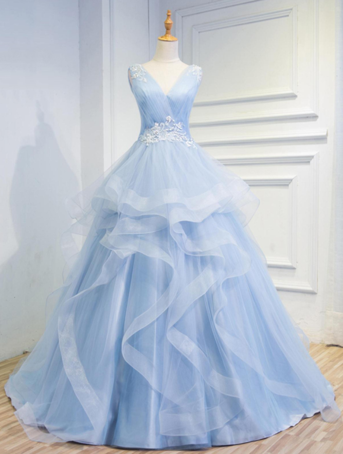 Elegant Baby Blue A-line Long Prom Dresses with Ruffles and Embroidery
