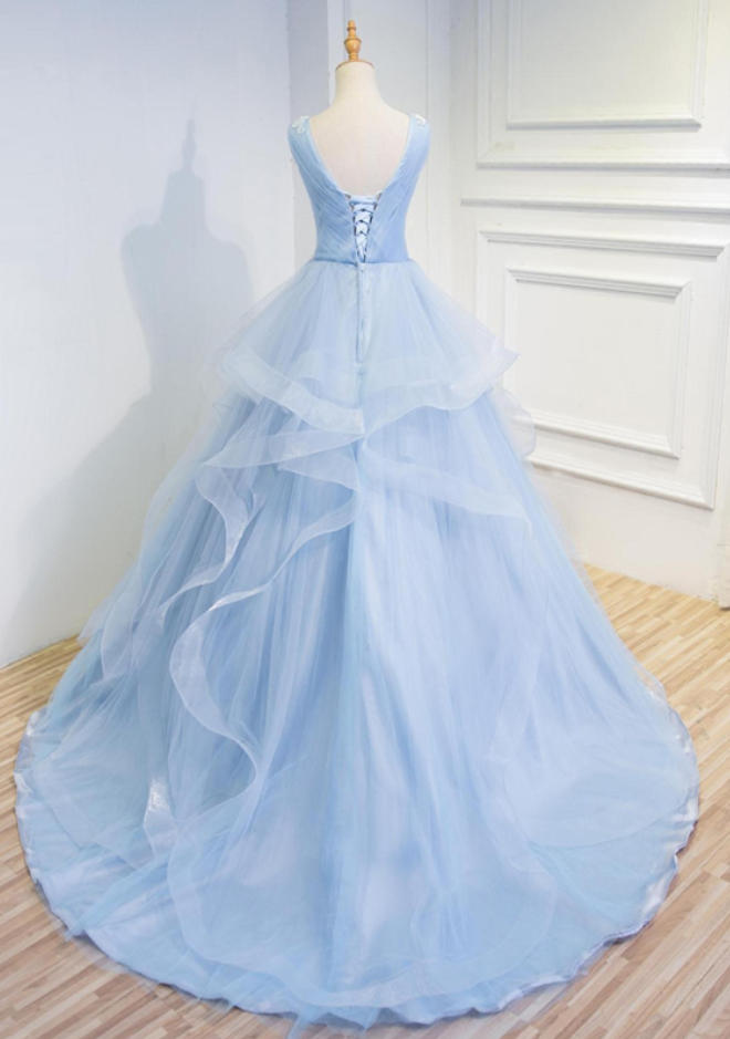 Elegant Baby Blue A-line Long Prom Dresses With Ruffles And Embroidery ...