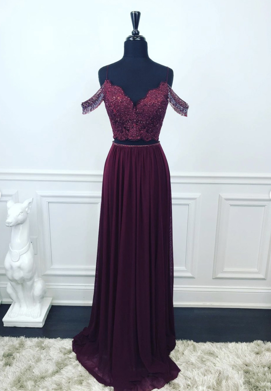 Beaded Purple chiffon lace long prom dress two pieces evening dress