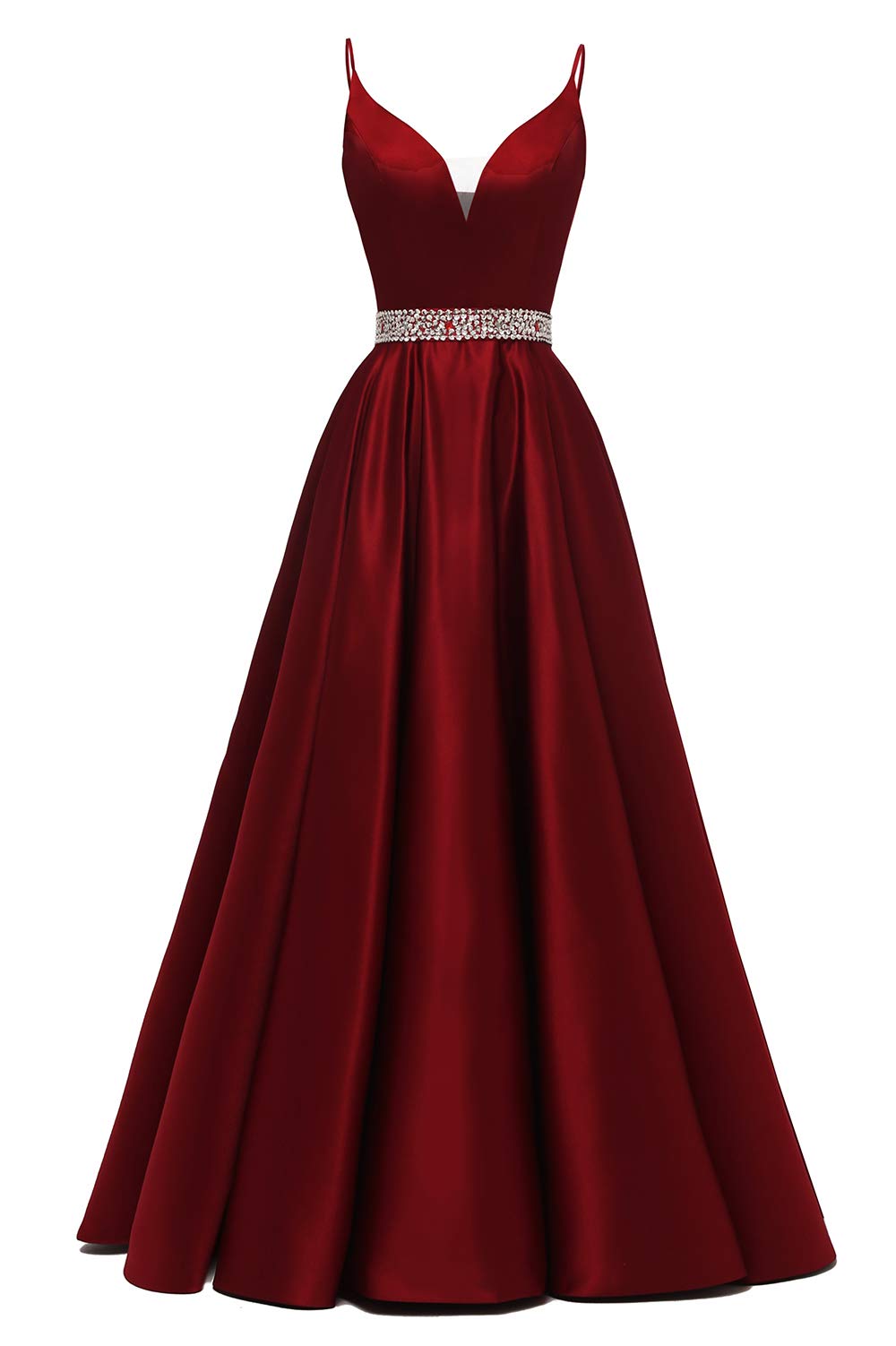 Elegant Spaghetti Straps Long Prom Dress Beaded Satin V-Neck Formal Evening Gowns