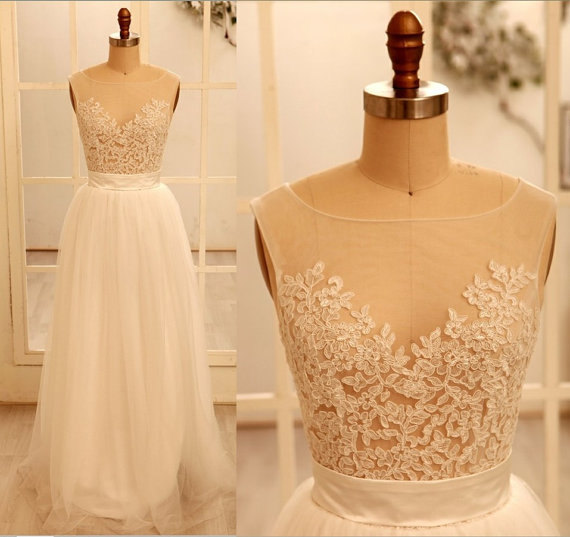 Custom Made A line Round Necklace Lace Wedding Dresses, Deep V Neck Back Dress, Ivory Dresses for Wedding, Prom Dresses, Dress for Wedding