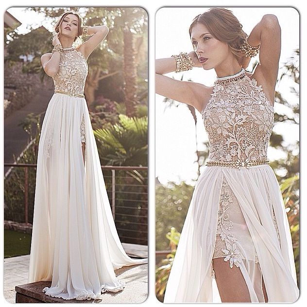 2015 Lace Applique Chiffon Prom Dresses Formal Dresses Halter