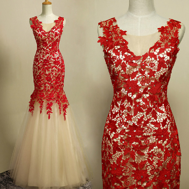 Red Lace Long Prom Dresses Sexy Mermaid Evening Dresses 2015 Sleeveless Floor Length Formal Dresses
