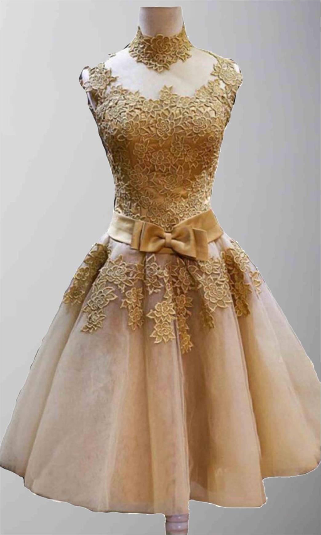 Custom Made Golden Vintage Princess High Neck Short Prom Dresses