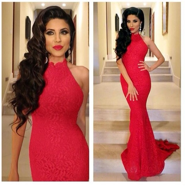 Red Lace Sexy Mermaid Prom Dress 2015 Red High-neck Sleeveless Evening  Gowns Formal Dresses on Luulla