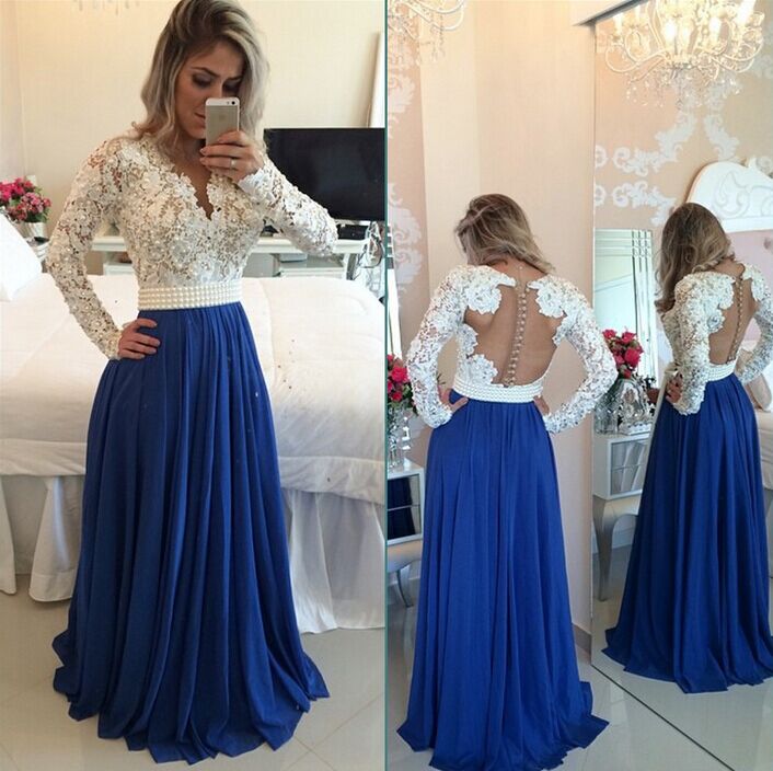 Charming Long Sleeves Prom Dress, Lace Prom Dress, Pearls Beading Prom Dress, Chiffon Prom Dresses, V Neck Prom Dress, White&Blue Evening Gowns