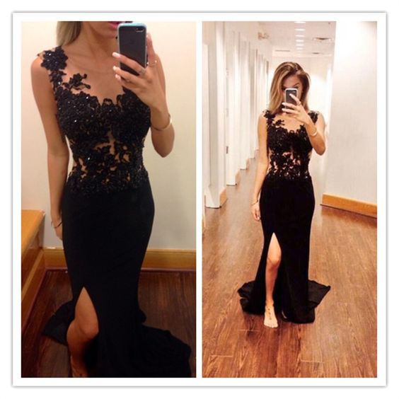 Simple Dress Black Prom Dresses, Mermaid Slit Chiffon Long Prom Dresses, Graduation Dress, Evening Dresses