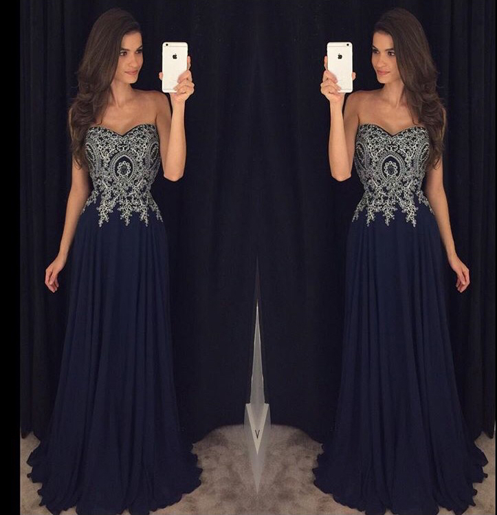 navy and silver prom dress