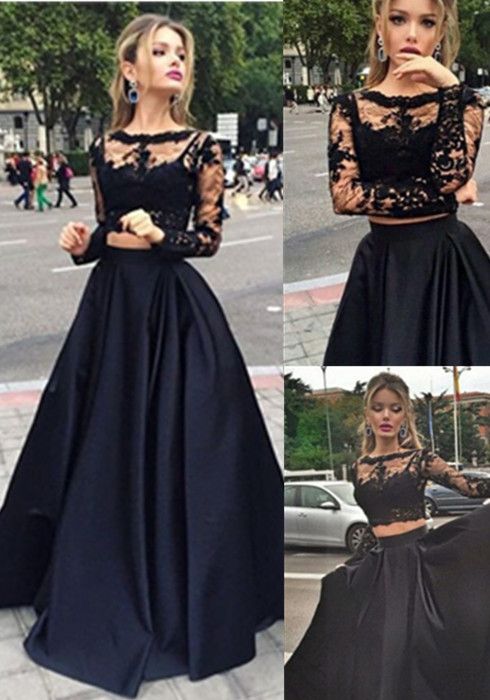 Sexy Black Lace Long Sleeve 2016 Prom Dress Two Pieces Long Evening Gownlace Evening Dresses 5188