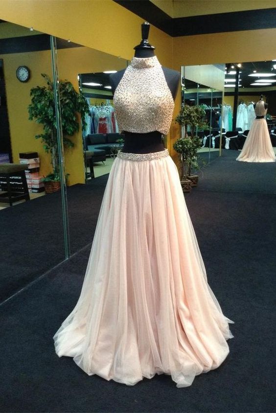 2016 Pearl Pink Halter Two Piece Beaded Long Prom Dresses, Two Piece Prom Dress
