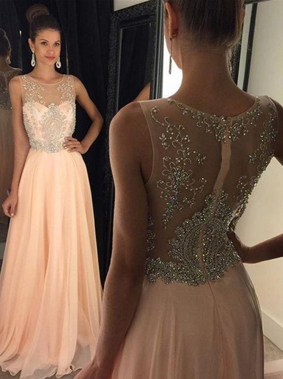 Light Pink Sleeveless Illusion Neckline Prom Dress With Lace Bodice