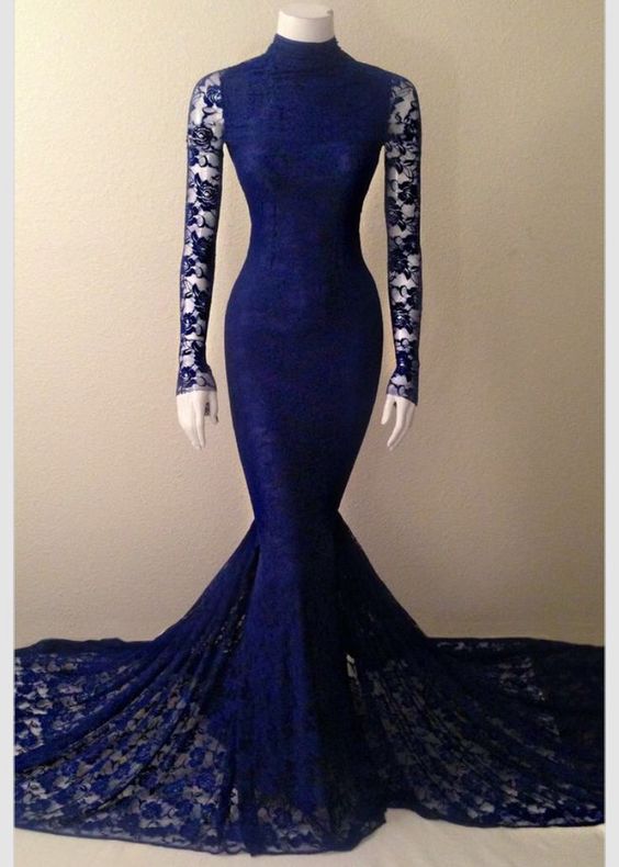 blue lace long sleeve prom dress