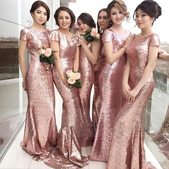 Sparkly Rose Gold Sequins Bridesmaid Dresses 2016 Jewel Short Sparkly Rose Gold Sequins Bridesmaid Dresses 2016 Jewel Short Sleeves Mermaid Dress Long