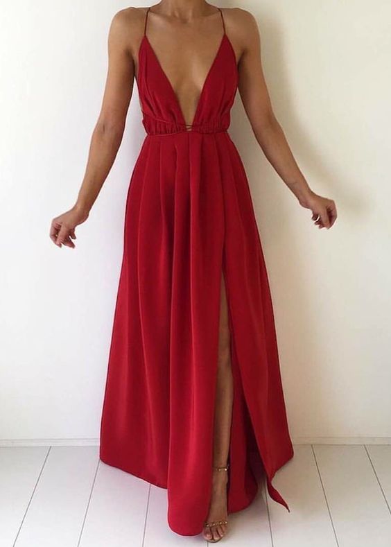 Deep V Neck Long Chiffon Prom Dress, Backless Evening Dress, Sexy Open Back Spaghetti Strap Party Dress, Red Prom Dress, Formal Dress