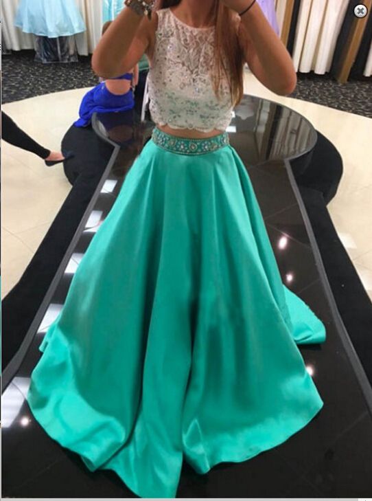 Mint Green Prom Dresses, 2 Piece Prom Gowns,2 Piece Prom Dresses,Two Piece Prom Dress, Lace Prom Dresses,A-line Prom Gown,2016 Prom Dress With Lace For Teens