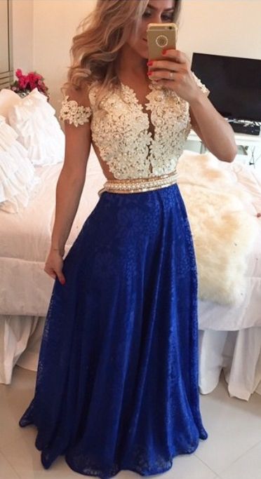 2016 Short Sleeves Lace Long Prom Dresses, Illusion Beaded Party Dresses, White and Blue Pearls Beaded Sheer Formal Evening Gowns, Emerald Green Prom Dress, Lace Prom Dresses