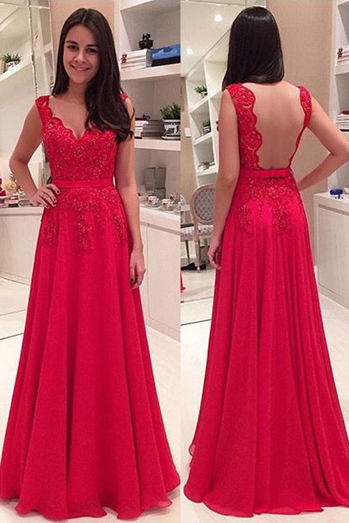 Elegant V Neck Floor Length Lace Backless Red Prom Evening Dress