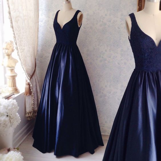 Navy Simple Prom Dresses, Satin Prom Dress, Sexy V Neck Prom Gown ...