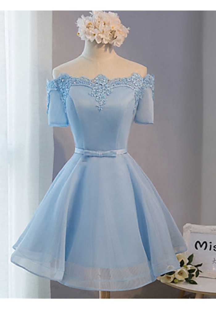 Elegant Off The Shoulder Lace Satin Short Prom Dresses, Baby Blue Prom
