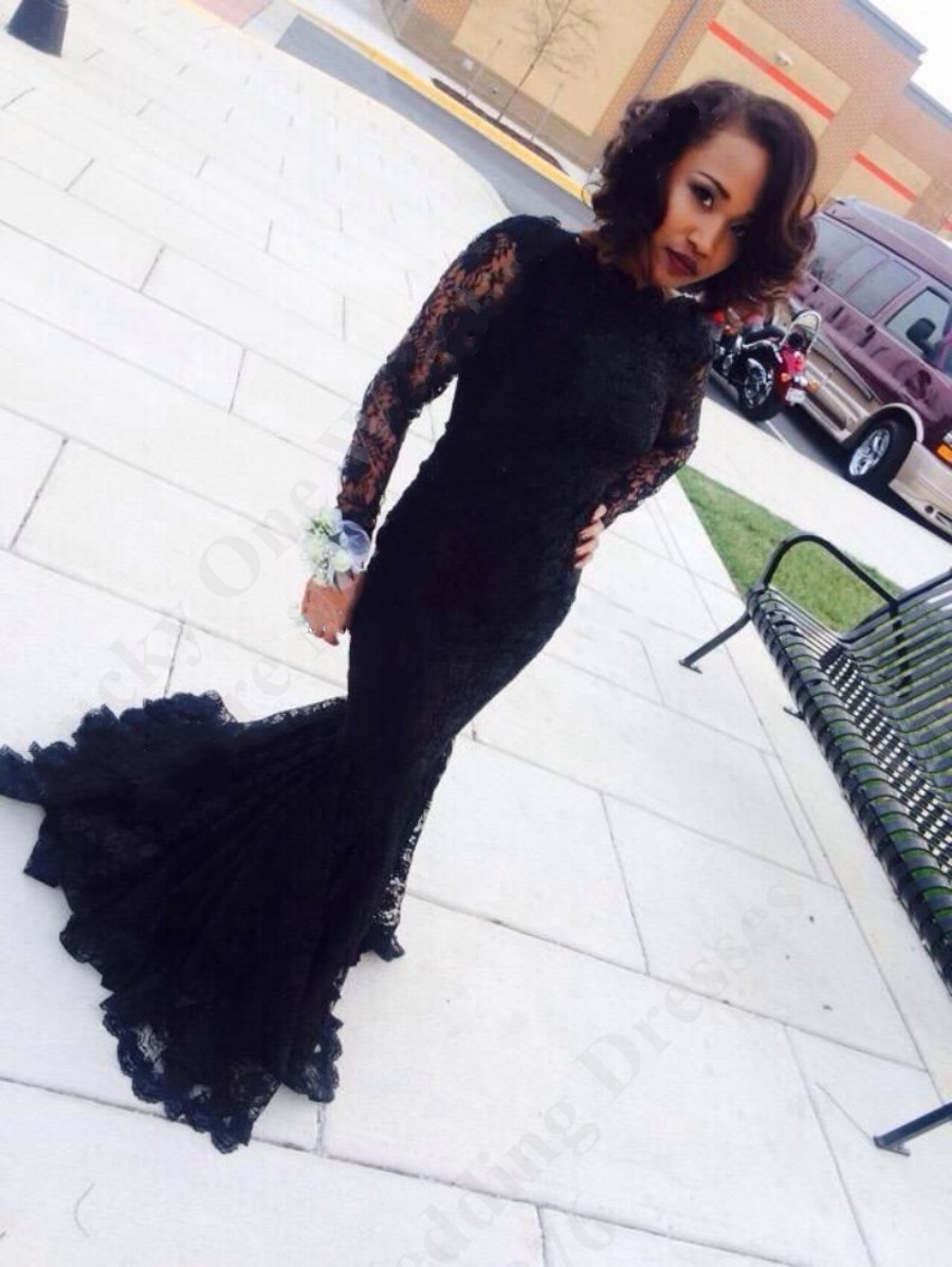 Beautiful Black Evening Gowns With Sleeves, Elegant Black Lace Prom Dress,  Long Sleeves Prom Dress, on Luulla